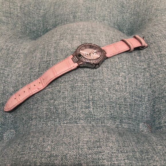 Guess Pink Rhinestone Genuine Leather Watch - Picture 2 of 6